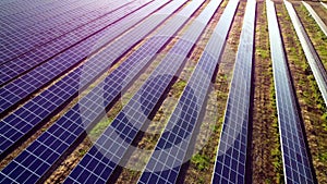 Violet blue purple lines of blocks of solar panels solar power plant in field photo