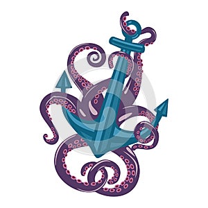 Violet cartoon octopus with curvy arms and suction cups around sea anchor