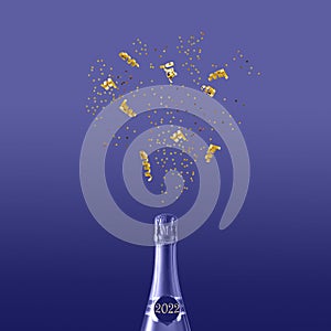 Violet Champagne bottle with golden confetti isolated  on gradient trendy color 2022 very peri