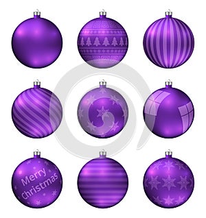 Violet christmas balls isolated on white background. Photorealistic high quality vector set of christmas baubles.