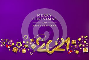 Violet  Christmas Banner.Vector holiday Background with by volumetric figures 2021, realistic gifts box, snowflake and glitter