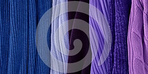 Violet colors matching for classic blue. Knitted fabric samples