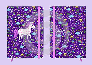 Violet copybook template with elastic band and bookmarh