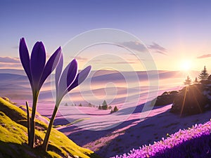 Violet crocuses in the mountains close view AI generated art photo