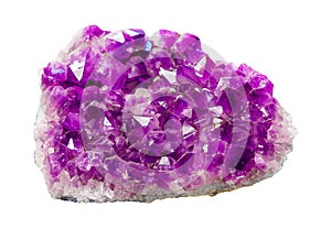 Violet Crystal Stone macro mineral. Purple rough Amethyst quartz crystals geode isolated on white. Amethyst gemstone