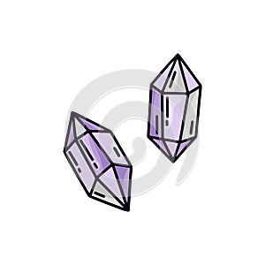 Violet crystal on white background. Isolated doodle illustration for t-shirt or notebook cover. Set of two cartoon amethyst stones