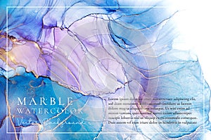 Violet cyan blue liquid watercolor background with golden stains. Purple teal turquoise marble alcohol ink drawing
