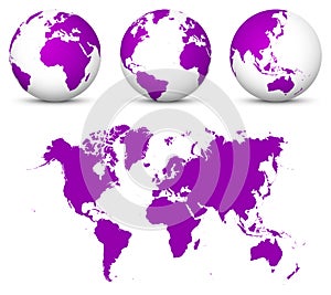 Violet 3D Vector Earth - Globe Collection with Undistorted 2D World Map in Purple Color.