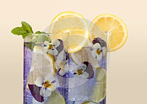Violet drink with edible flowers photo