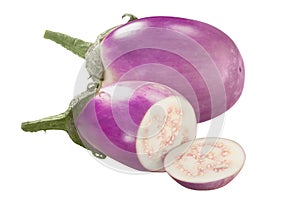 Violet eggplant or aubergine isolated.  Whole and cut Solanum melongena fruits