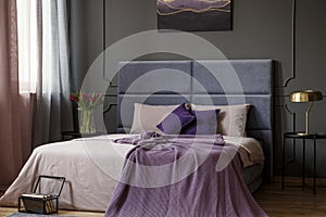 Violet feminine bedroom interior