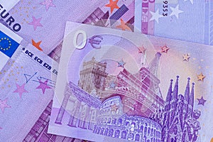 Violet five hundred euro banknotes with zero euro souvenir