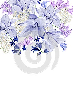 Violet floral wedding banner watercolor with hand drawn boho flower, orchid, wildflowers. Spring elegant garden flowers frame very