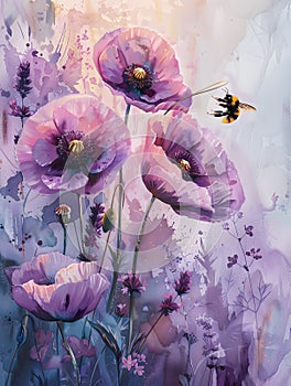 Violet flowers painted with a bee, pollinator artwork photo