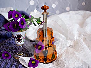 Violet flowers with violin toy on white embroidered cloth for background,Calibrachoa petunia Million bells ,Trailing petunia ,Supe