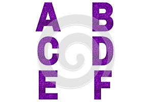 Violet font Alphabet a, b, c, d, e, f made of violet sparkle background.