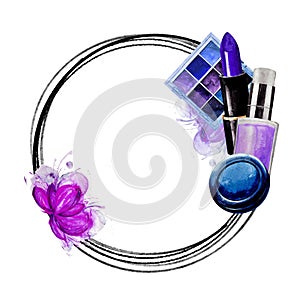 Violet frame of Makeup elements. White background. Watercolor. Isolated. Cosmetics for banner, text