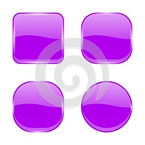 Violet glass buttons. Shiny geometric 3d icons