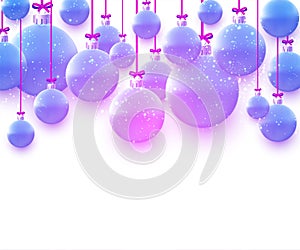 Violet gradient christmas balls hanging on pink ribbons with bow