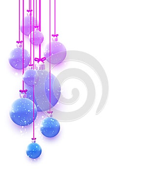 Violet gradient christmas balls hanging on pink ribbons with bow
