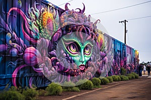 violet graffiti girl with cannabis leaf hair, street marijuana art generative ai