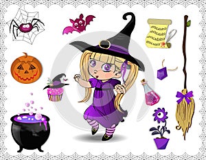 Violet halloween cartoon set of objects for witches and cute witch girl on white background