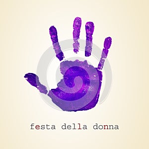 violet handprint and text festa della donna, womens day in italian