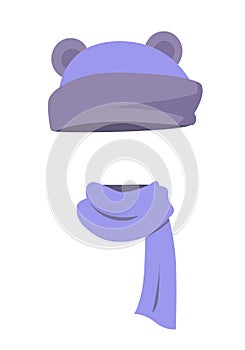 Violet Hat with Ears and Long Silk Scarf. Vector
