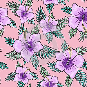 Violet hibiscus flowers with palm tree leaves seamless pattern on pink background. Great for spring and summer wallpaper