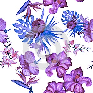 Violet Hibiscus Leaf. Purple Flower Design. Blue Seamless Print. Watercolor Palm. Pattern Print. Pink Tropical Illustration. Exoti