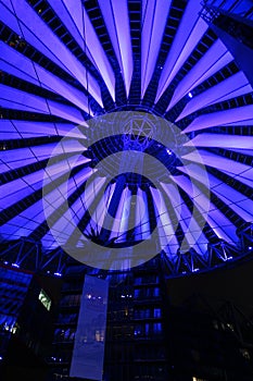 Violet illumination of Sony center roof at night