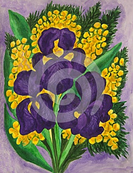 Violet irises and mimosa painting