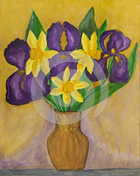 Violet irises and yellow daffodiles in vase watercolor painting.