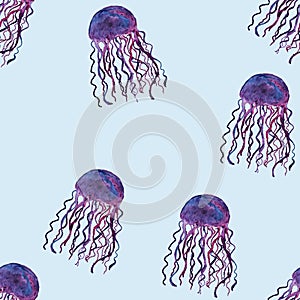 Violet jellyfish seamless watercolor lihgt blue background. Marine style. Wildlife. Watercolor illustration. Blue, turquoise,