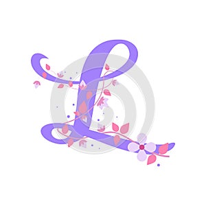 Violet L letter with flowers, alphabet illustration on white