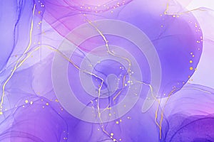 Violet lavender liquid watercolor marble background with golden lines. Pastel purple periwinkle alcohol ink drawing