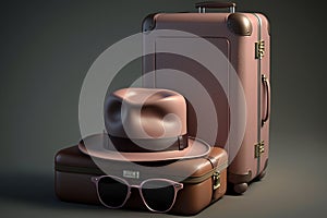 Violet luggage bag, sunglasses and beach hat. Vacation and departure on a trip.