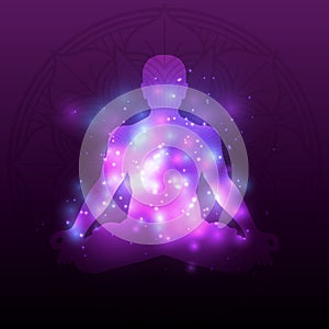 Violet meditation silhouette mandala with shiny effect