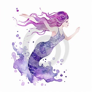 violet mermaid clip art in a watercolor style , discountable white background ,created with artificial intelligence