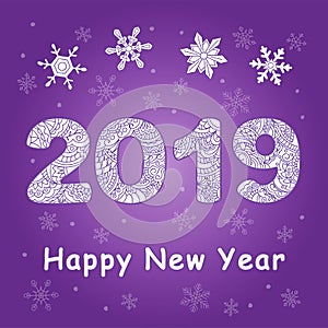 Violet new year card with patterned 2019