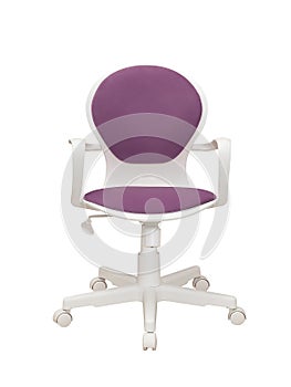 violet office fabric armchair on wheels isolated on white background, front view