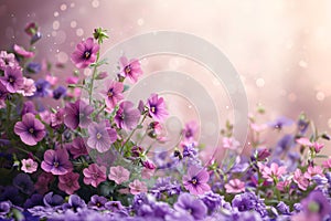 Violet pansy flowers on bokeh background. Spring nature background photo