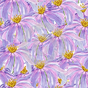 Violet pink flowers with yellow core watercolor seamless pattern