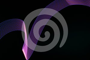 Violet pink shining neon wave of light with dotted stripes on black background. Abstract background with energy line in motion