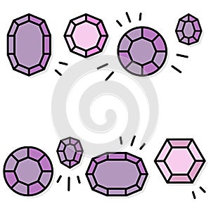 Violet precious stones different shapes seamless horizontal border on white