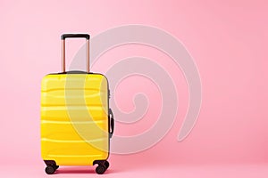 A violet rectangle suitcase rests on a magenta chair