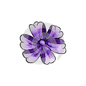 Violet ribbon bow in shape of flower solated o nwhite background. Watercolor hand drawn illustration in cartoon style. Element for