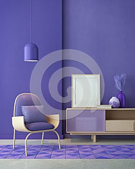 Violet room Very Peri.Chair,TV cabinet, lamp and blank canvas.Modern design interior.