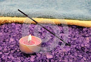 Violet salt with candle and insense stick