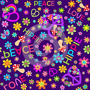 Violet seamless fashion wallpaper with colorful flower-power, hippie peace sign in heart shape, butterflies, fly agaric